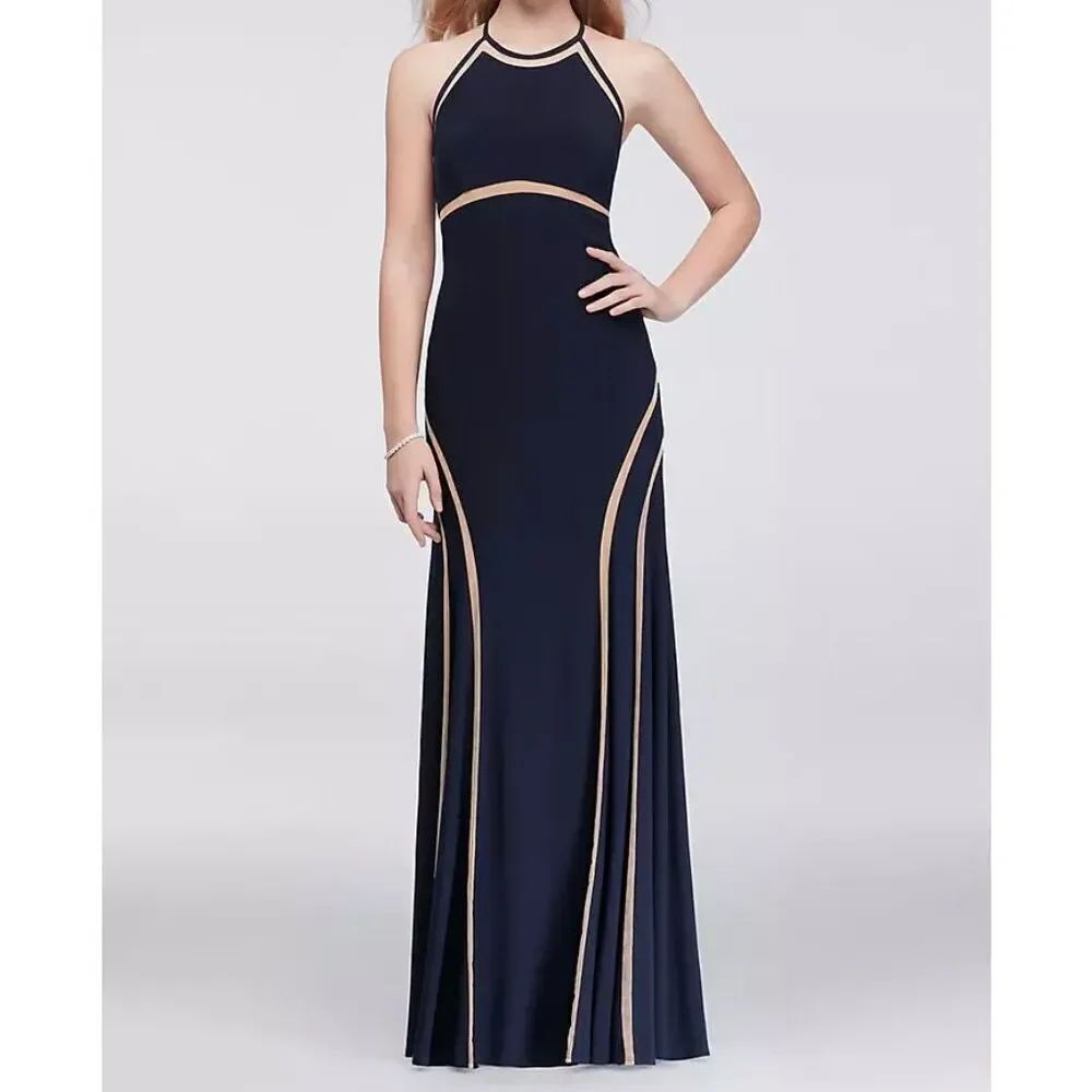 Xscape women’s formal open back floor length black dress 8